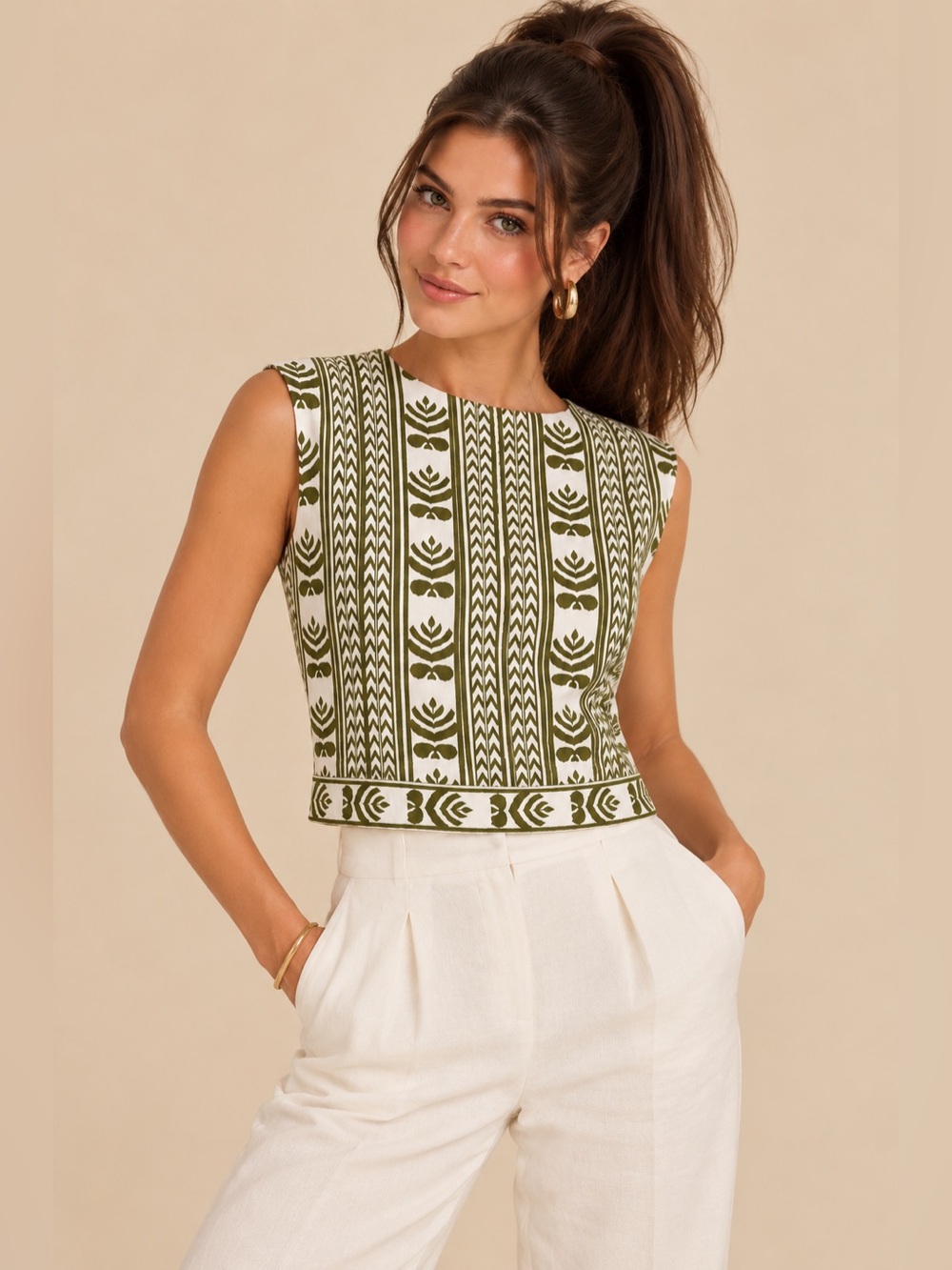 Julia Amory Lightweight Denim Olive Green & White Printed Sleeveless Boxy Top